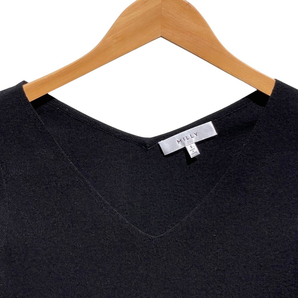 MILLY Women’s Black 3/4 Sleeve Vneck Pull Over Sweater Knit top small - Picture 2 of 3